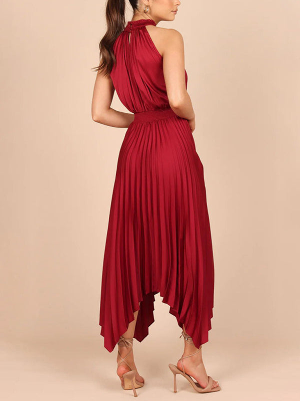 New women's folded solid color sleeveless halterneck V-neck irregular skirt dress