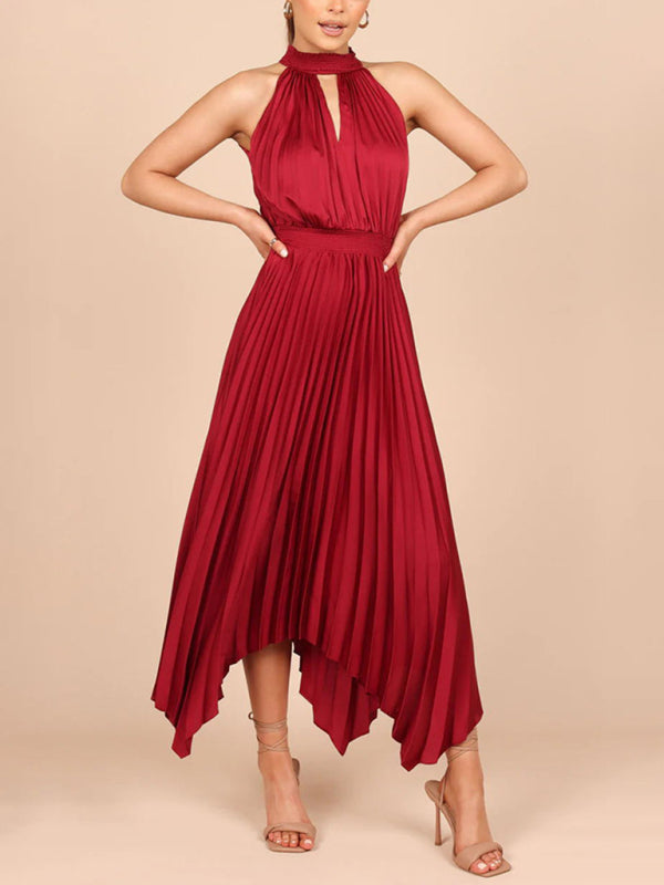 New women's folded solid color sleeveless halterneck V-neck irregular skirt dress