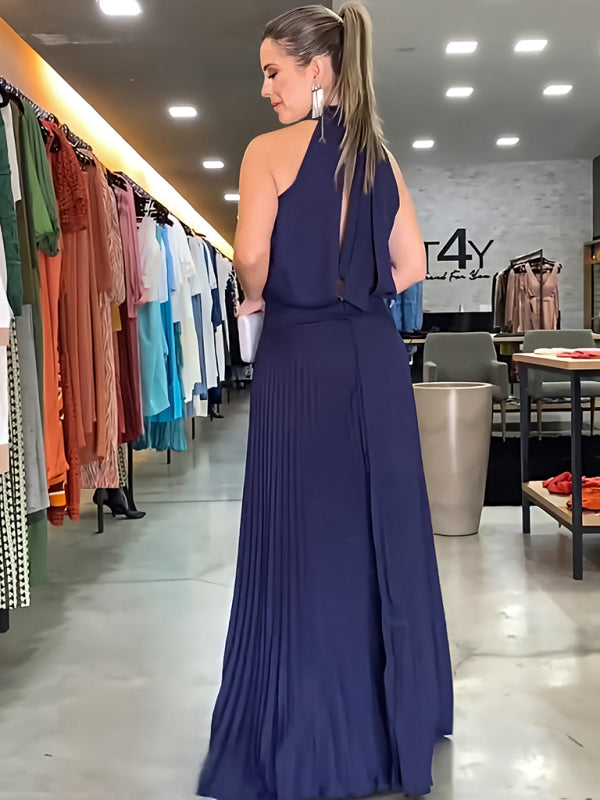 New sleeveless strappy casual backless halterneck pleated dress