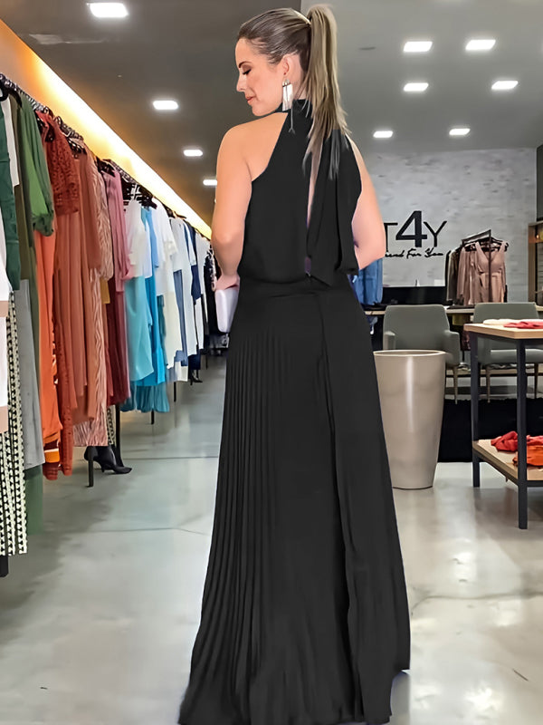 New sleeveless strappy casual backless halterneck pleated dress