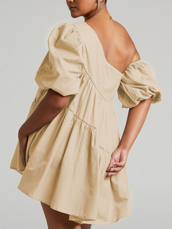 Women's casual loose off-shoulder puff sleeve patchwork short-sleeved dress irregular skirt