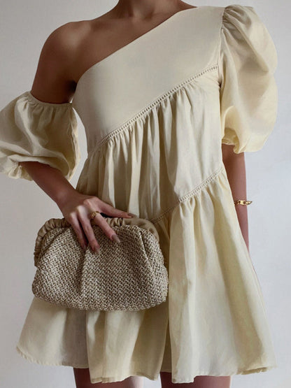 Women's casual loose off-shoulder puff sleeve patchwork short-sleeved dress irregular skirt