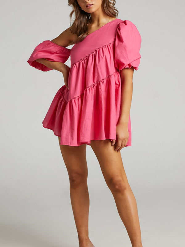 Women's casual loose off-shoulder puff sleeve patchwork short-sleeved dress irregular skirt