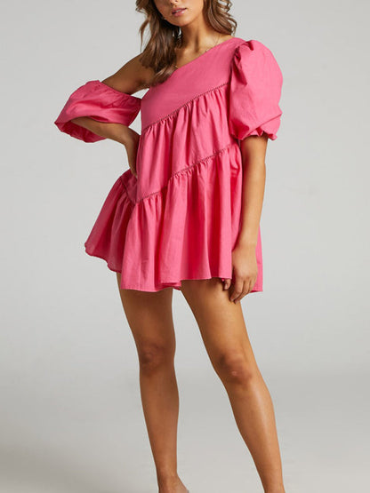 Women's casual loose off-shoulder puff sleeve patchwork short-sleeved dress irregular skirt