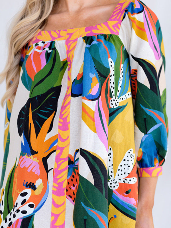 New women's fresh and sweet printed long skirt three-quarter sleeve A-line skirt