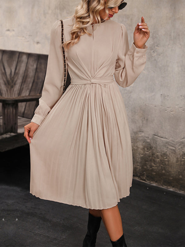 New women's long sleeve solid color pleated waist dress