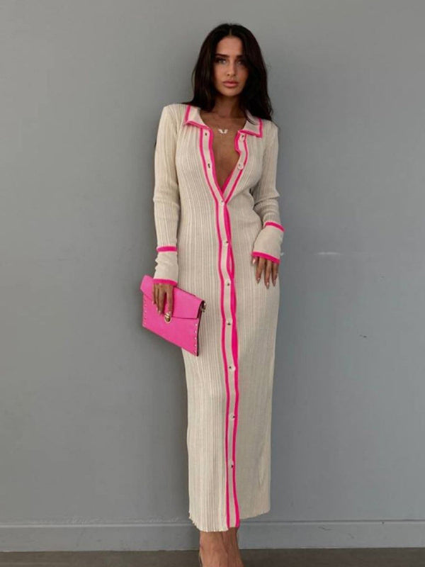 New slim fit lapel patchwork women's long sleeve cardigan dress