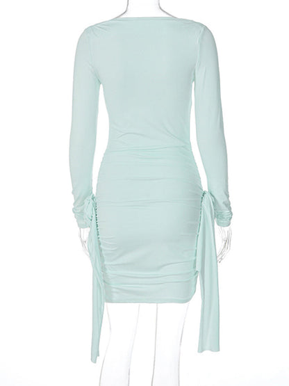 New solid color long-sleeved round neck slim fit patchwork ribbon flower versatile dress