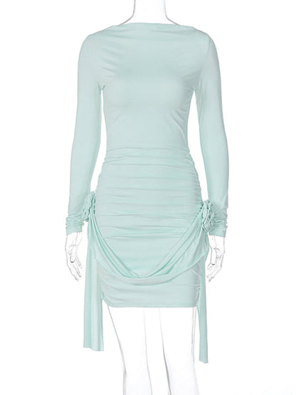 New solid color long-sleeved round neck slim fit patchwork ribbon flower versatile dress