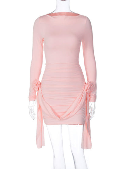New solid color long-sleeved round neck slim fit patchwork ribbon flower versatile dress