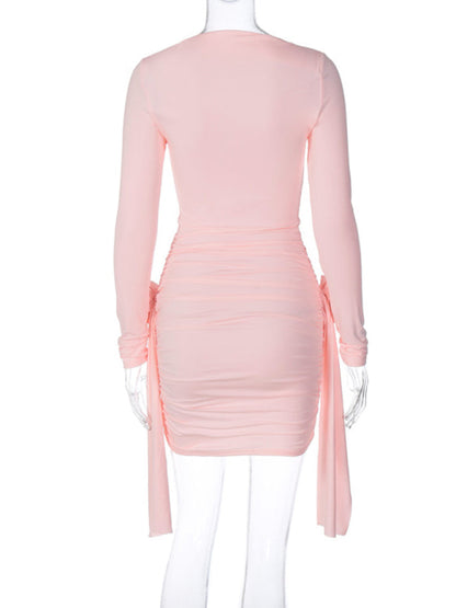 New solid color long-sleeved round neck slim fit patchwork ribbon flower versatile dress