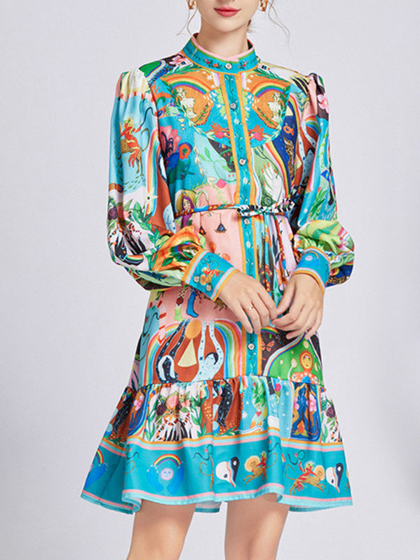 Women's Retro Long Sleeve Waist Slimming Midi Dress