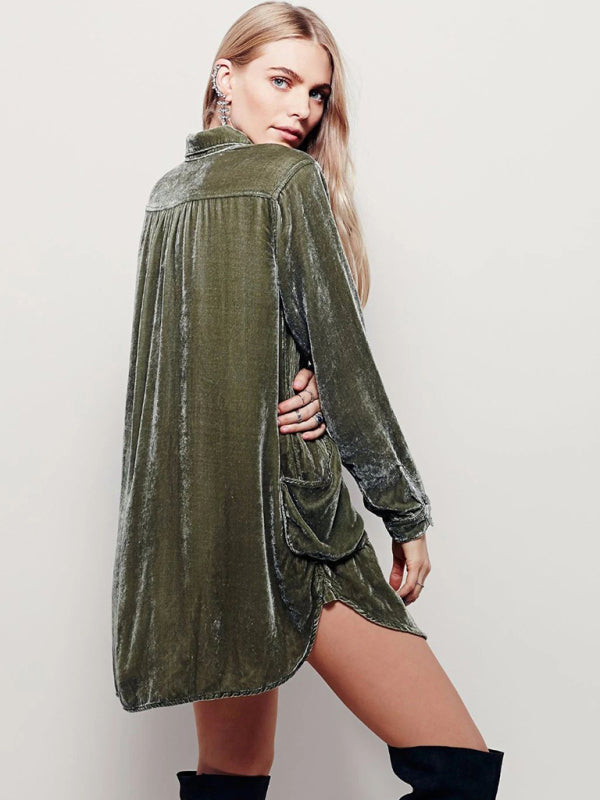 New solid color casual V-neck loose long-sleeved gold velvet shirt dress