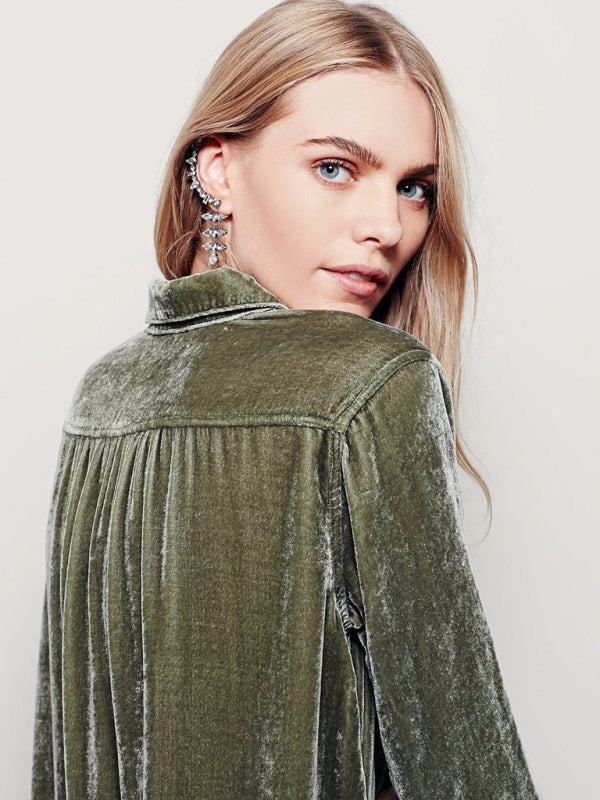 New solid color casual V-neck loose long-sleeved gold velvet shirt dress