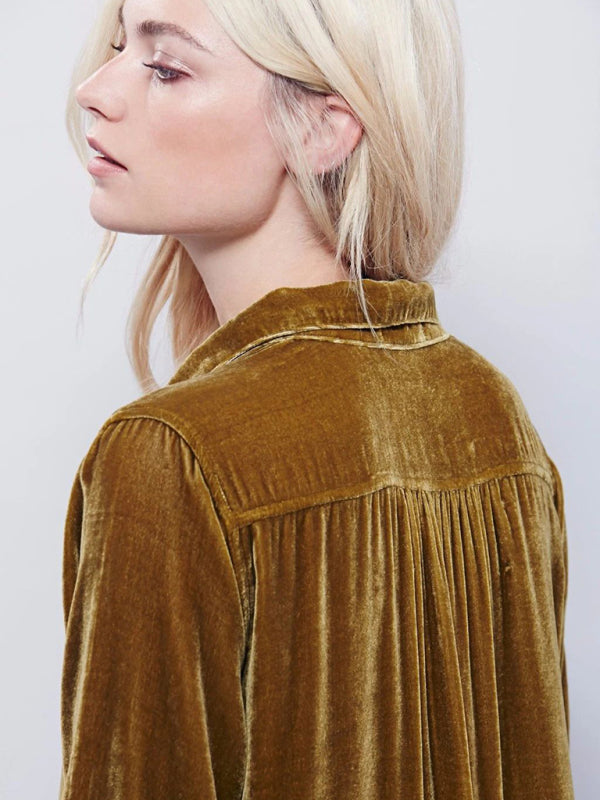 New solid color casual V-neck loose long-sleeved gold velvet shirt dress