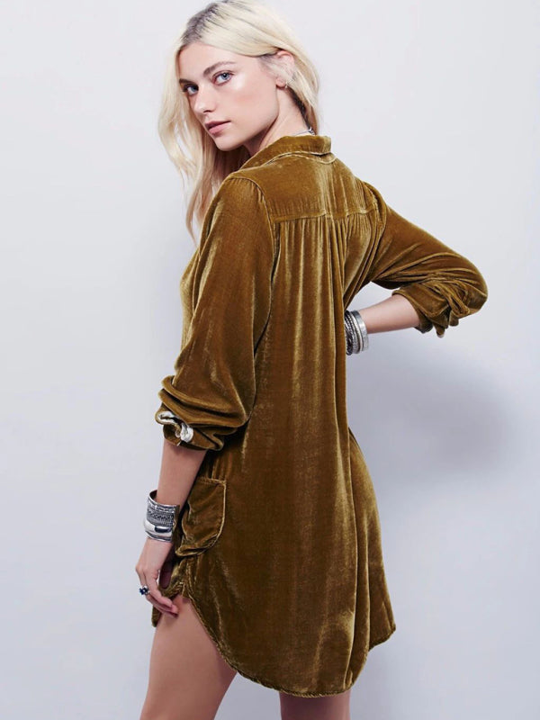 New solid color casual V-neck loose long-sleeved gold velvet shirt dress