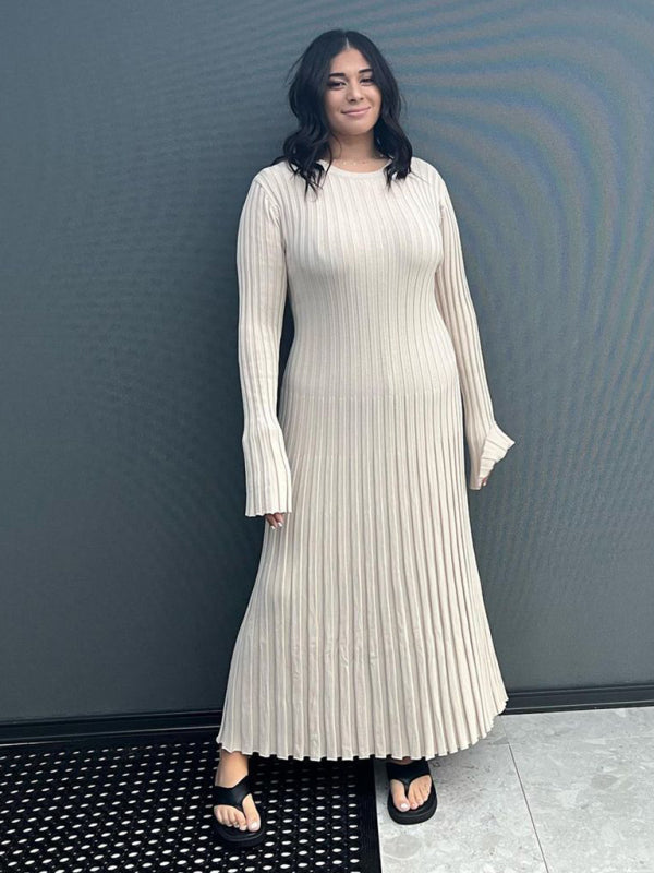 Knitted dress casual waist round neck large pit strip