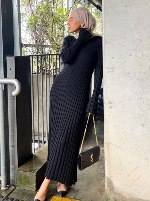 Knitted dress casual waist round neck large pit strip