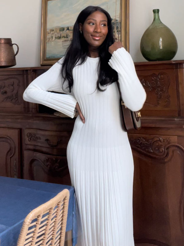 Knitted dress casual waist round neck large pit strip