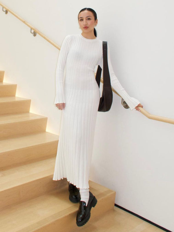Knitted dress casual waist round neck large pit strip