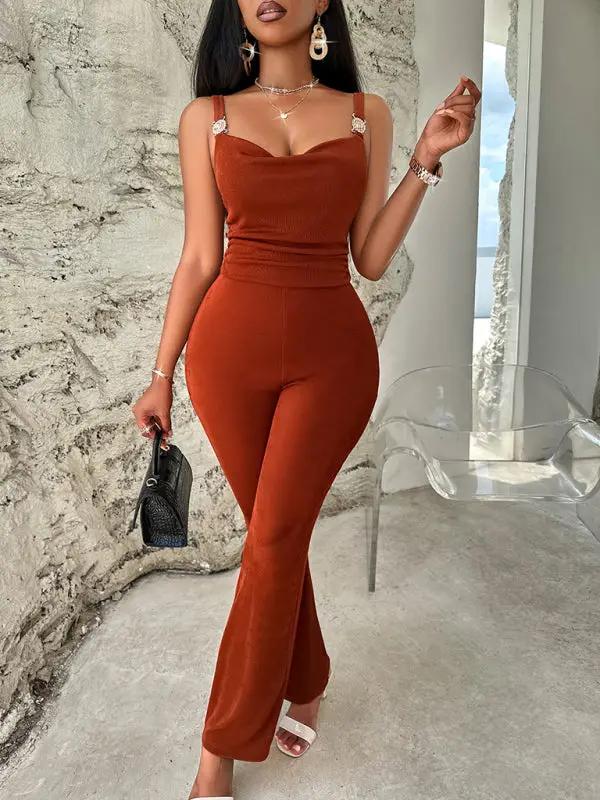 Sexy solid color metal jumpsuit with suspenders