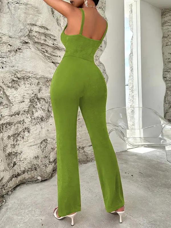Sexy solid color metal jumpsuit with suspenders