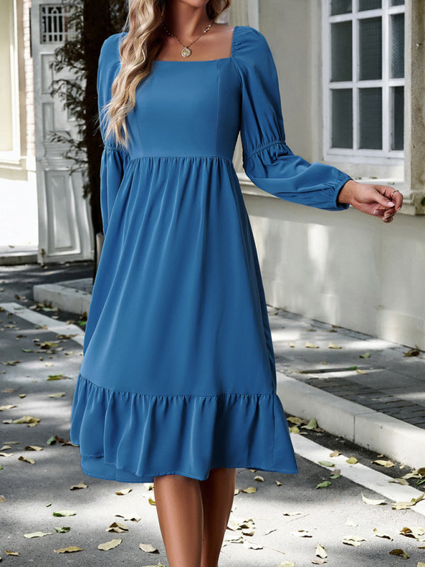 Women's Elegant Solid Color Square Neck Long Sleeve Dress