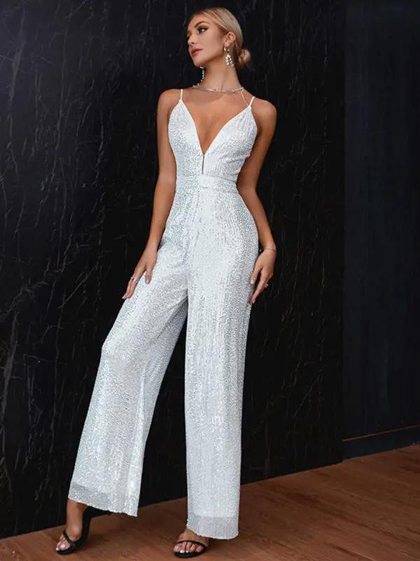 Women's New Sleeveless Backless Sequin Slim Fit Fashion Suspender Jumpsuit