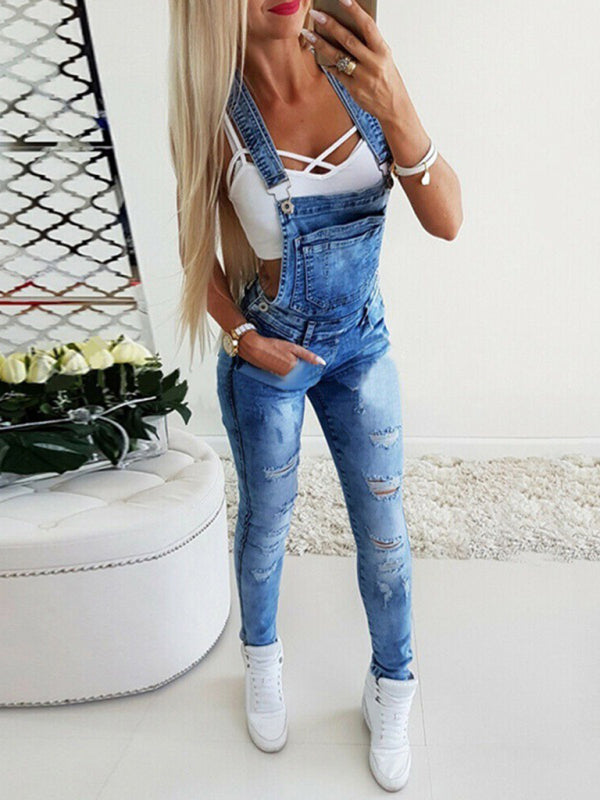 Sexy Tight Overalls Hand-Teared Women's Jeans