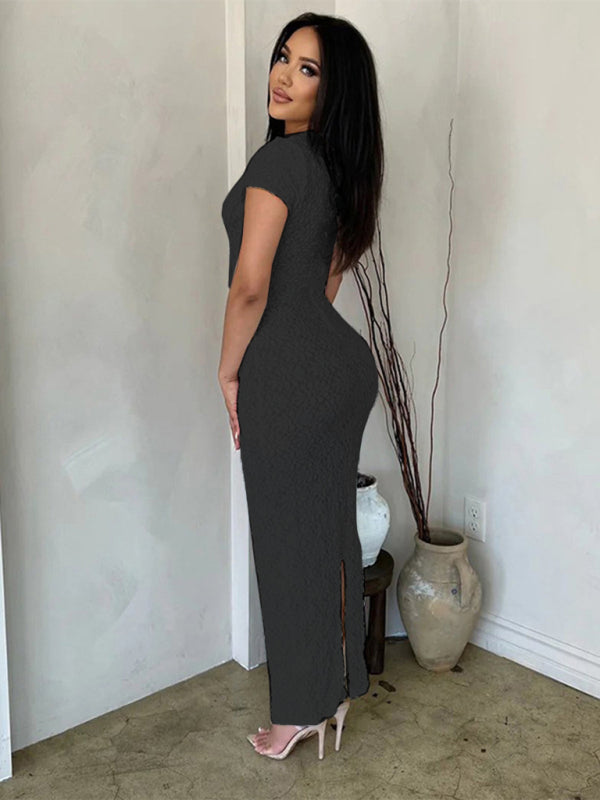 Women's new solid color casual short-sleeved round neck see-through slim long dress