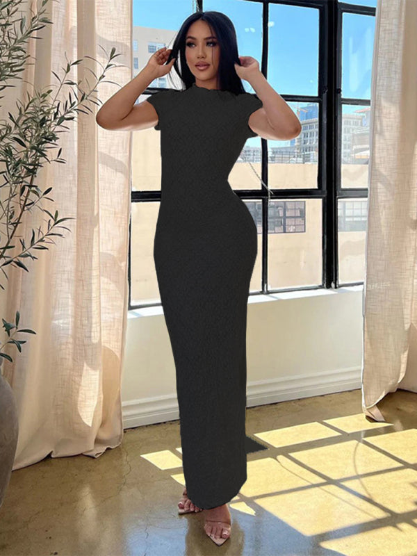 Women's new solid color casual short-sleeved round neck see-through slim long dress