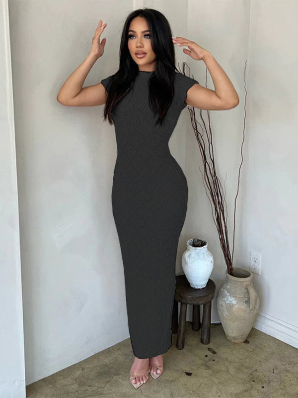 Women's new solid color casual short-sleeved round neck see-through slim long dress
