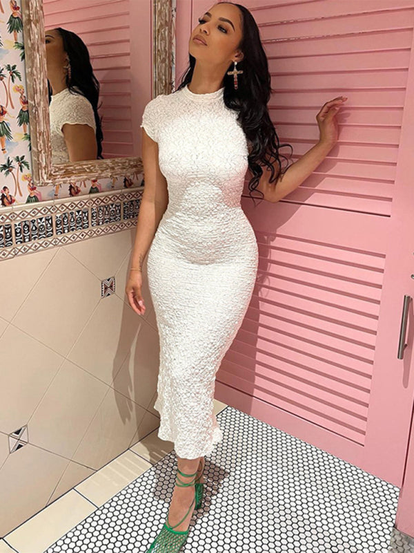Women's new solid color casual short-sleeved round neck see-through slim long dress