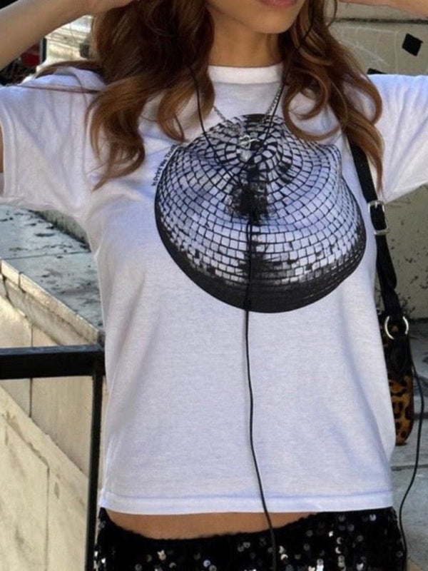New women's round ball letter print slim street trend round neck short T-shirt