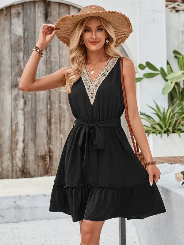 Women's solid color V-neck sleeveless lace waist dress