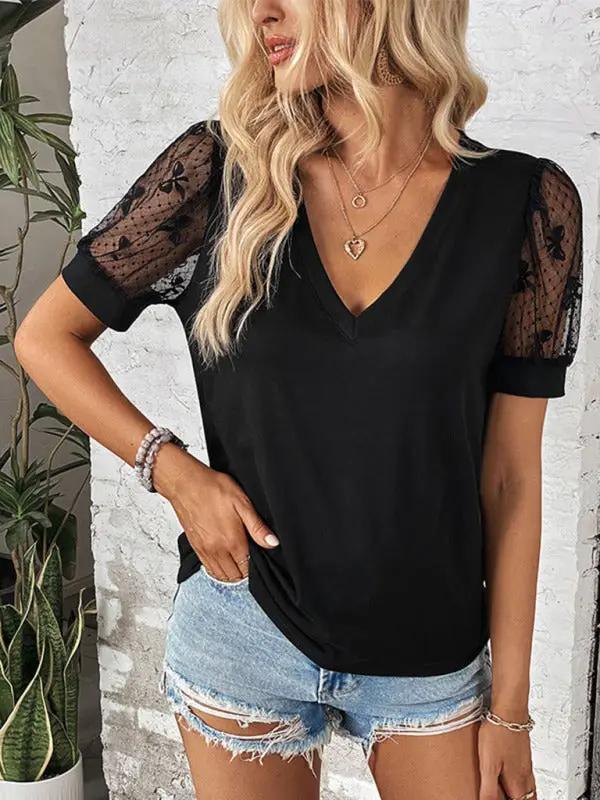Women's V leader lace patchwork T-shirt