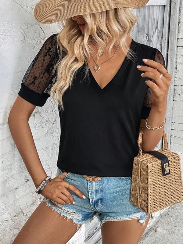 Women's V leader lace patchwork T-shirt