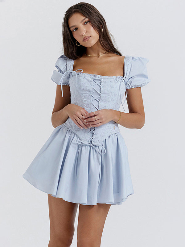 Women's New Puff Sleeve Square Neck Corset Princess Skirt Two-piece Dress