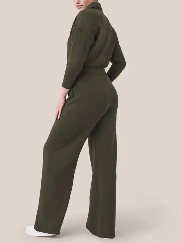 Women's long sleeve lapel zipper wide leg jumpsuit