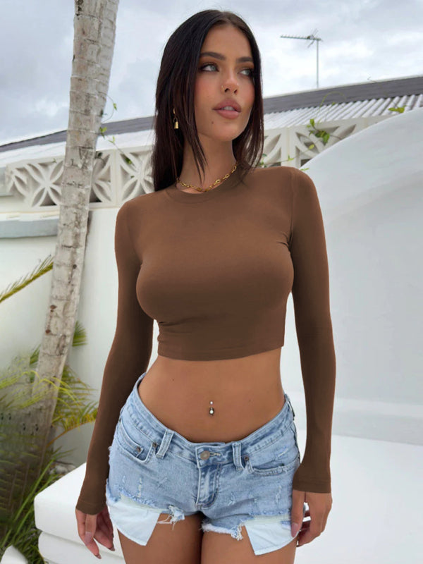 Women's new tight-fitting navel-baring hot girl outfit super short long-sleeved T-shirt
