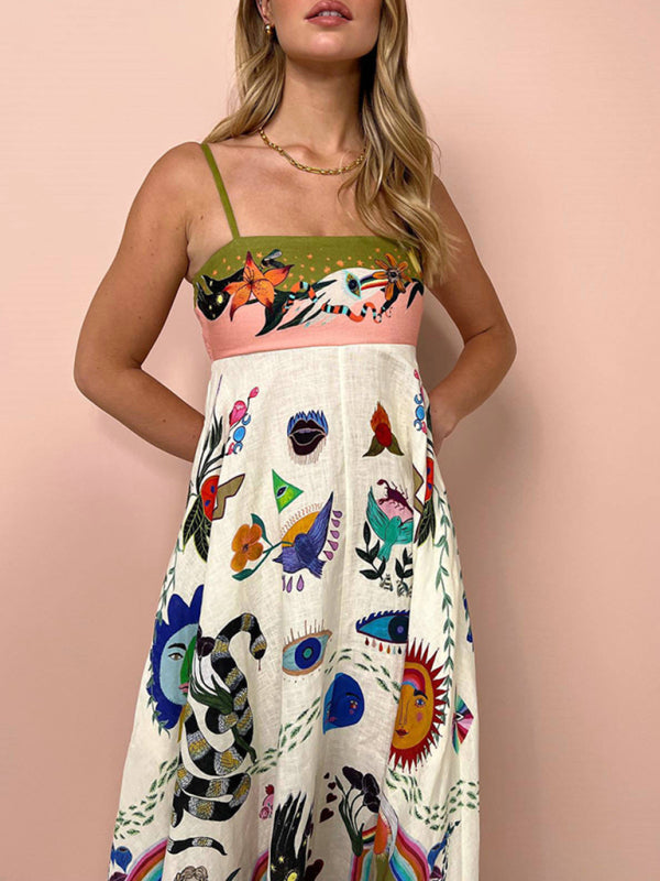 Women's New Sexy Cotton and Linen Suspender Graffiti Print Sleeveless Swing Dress