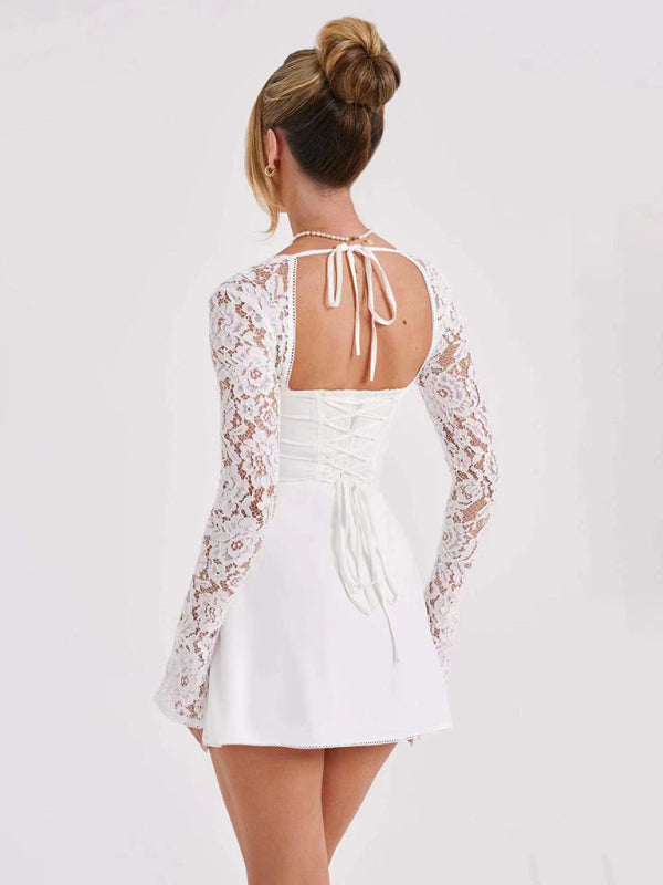 Women's Sexy Lace Slim Fit Backless French Long Sleeve Dress