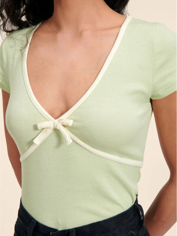 Women's New Solid Color Deep V Contrast Color Slim Fit Pure Cotton Knitted T-Shirt
