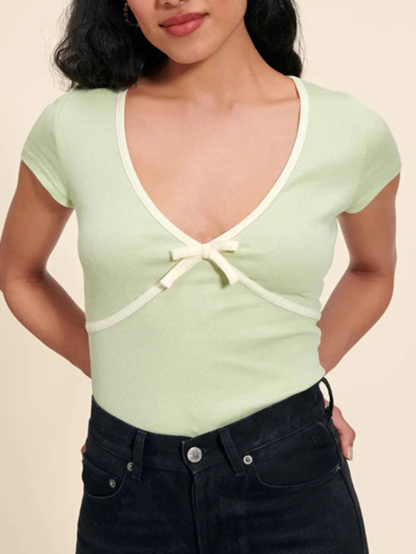 Women's New Solid Color Deep V Contrast Color Slim Fit Pure Cotton Knitted T-Shirt