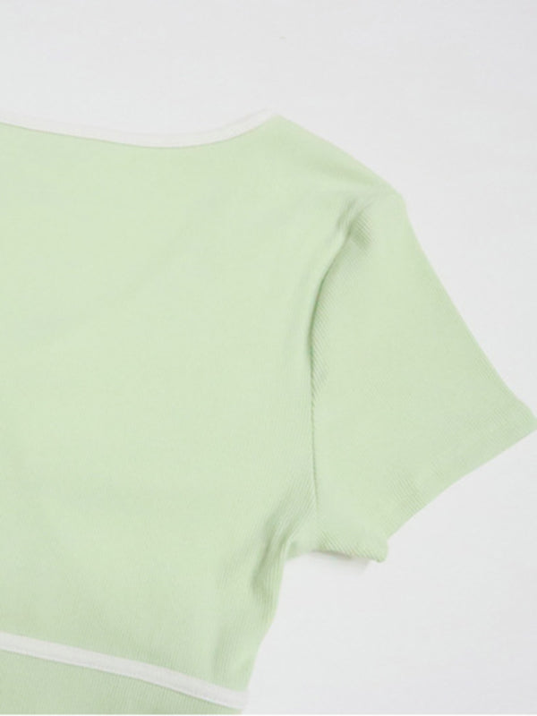 Women's New Solid Color Deep V Contrast Color Slim Fit Pure Cotton Knitted T-Shirt