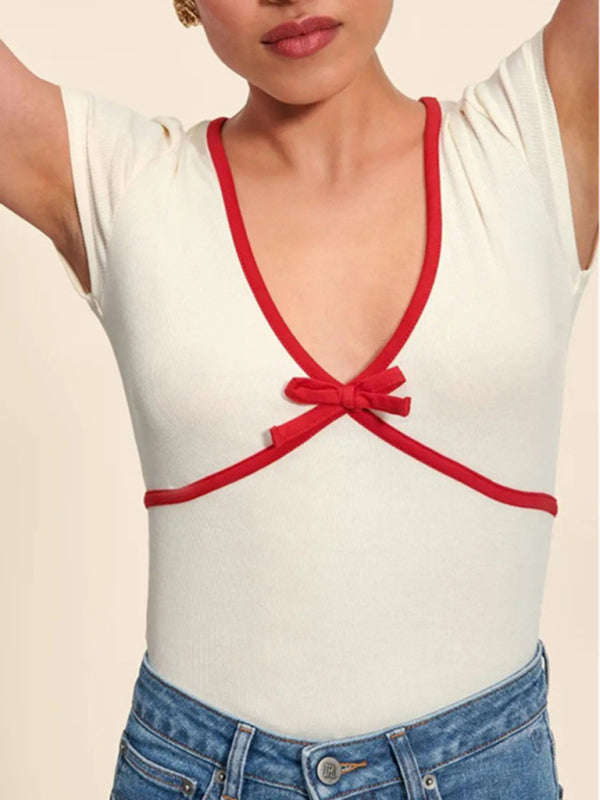 Women's New Solid Color Deep V Contrast Color Slim Fit Pure Cotton Knitted T-Shirt