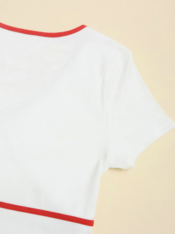 Women's New Solid Color Deep V Contrast Color Slim Fit Pure Cotton Knitted T-Shirt