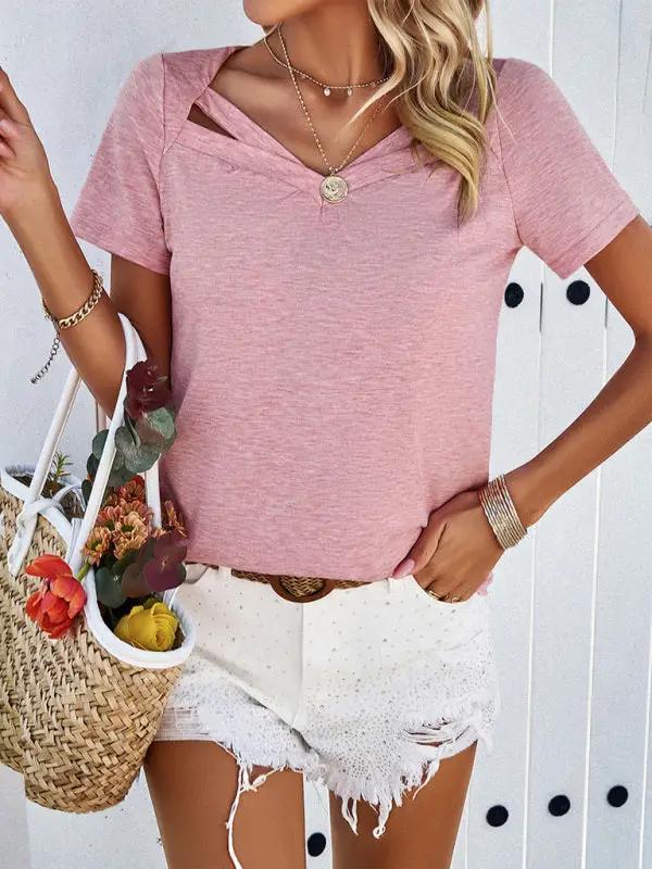 Women's casual solid color short-sleeved V-neck T-shirt