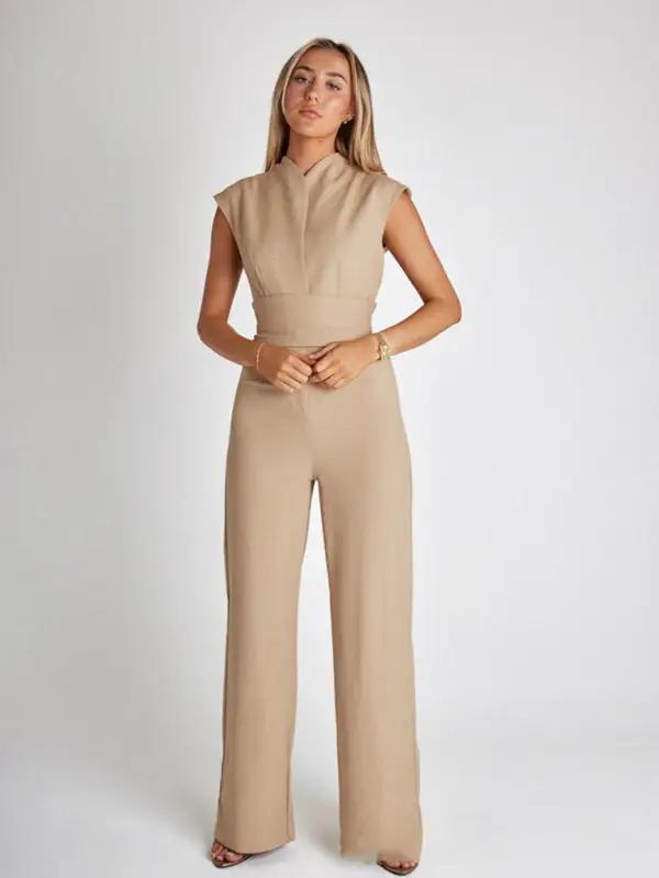 New style temperament strapped waist solid color V-neck sleeveless wide-leg jumpsuit