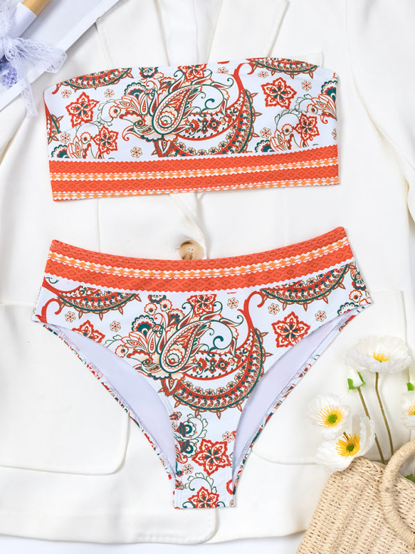 Women's new floral print hot spring swimsuit split sexy tube top beach bikini